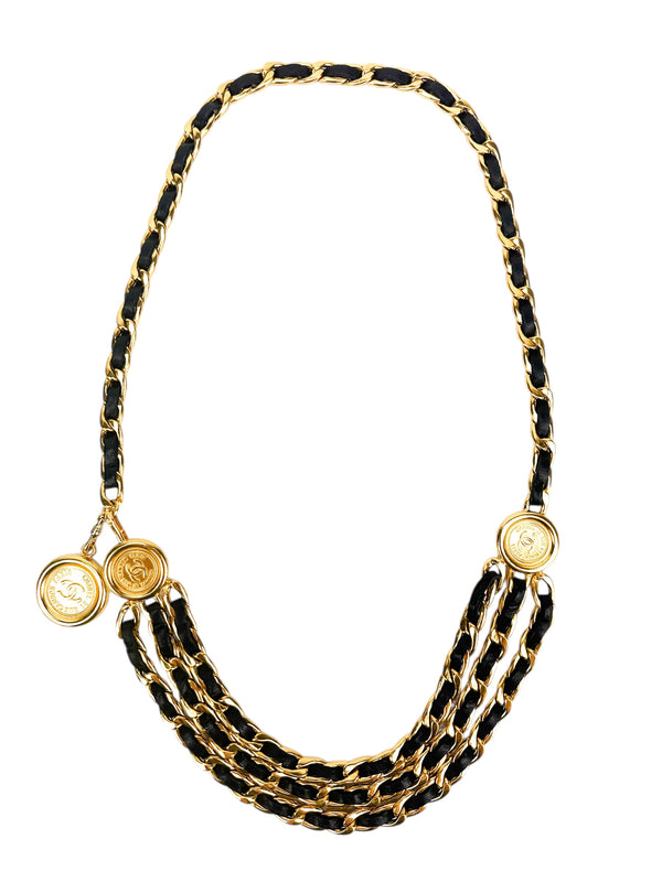 Chanel Triple Chain Link and Black Leather Medallion Belt