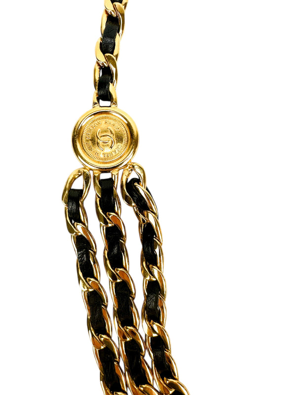 Chanel Triple Chain Link and Black Leather Medallion Belt