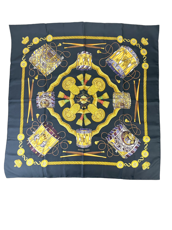 Hermès Black and Gold Les Tambours Silk Twill Scarf 90cm
