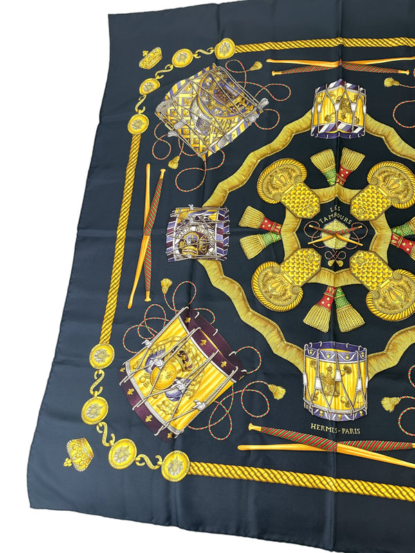 Hermès Black and Gold Les Tambours Silk Twill Scarf 90cm