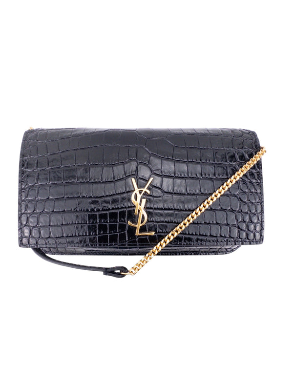 Saint Laurent Black Crocodile-Embossed Calfskin Phone Holder