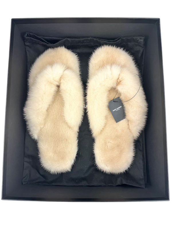 Saint Laurent Beige Mink Fur Slides Size 43