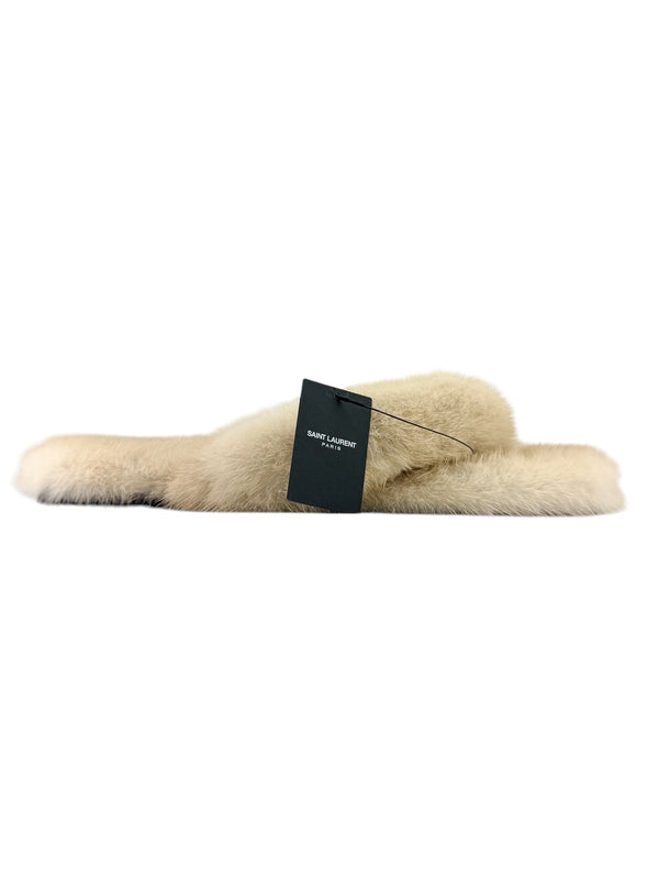 Saint Laurent Beige Mink Fur Slides Size 43