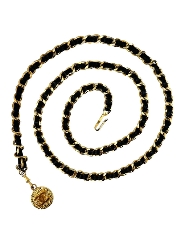 Chanel Vintage 24K Gold Plated Chain and Black Leather Medallion Belt