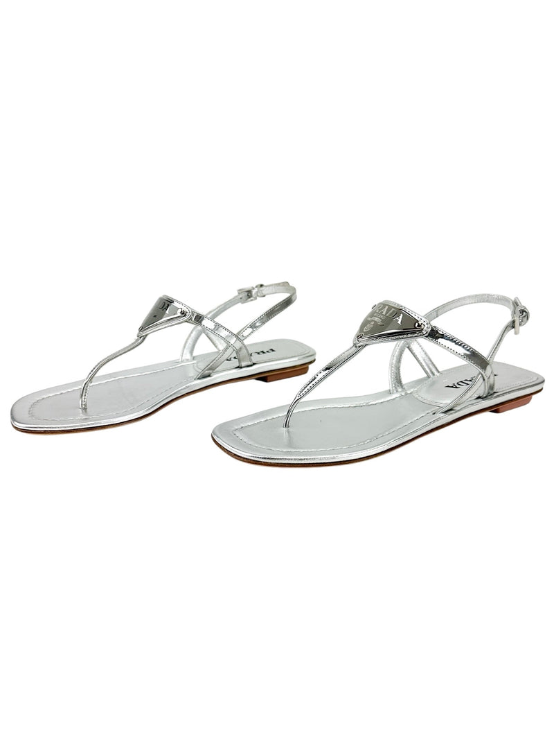 Prada Metallic Silver Thong Sandals Size 36