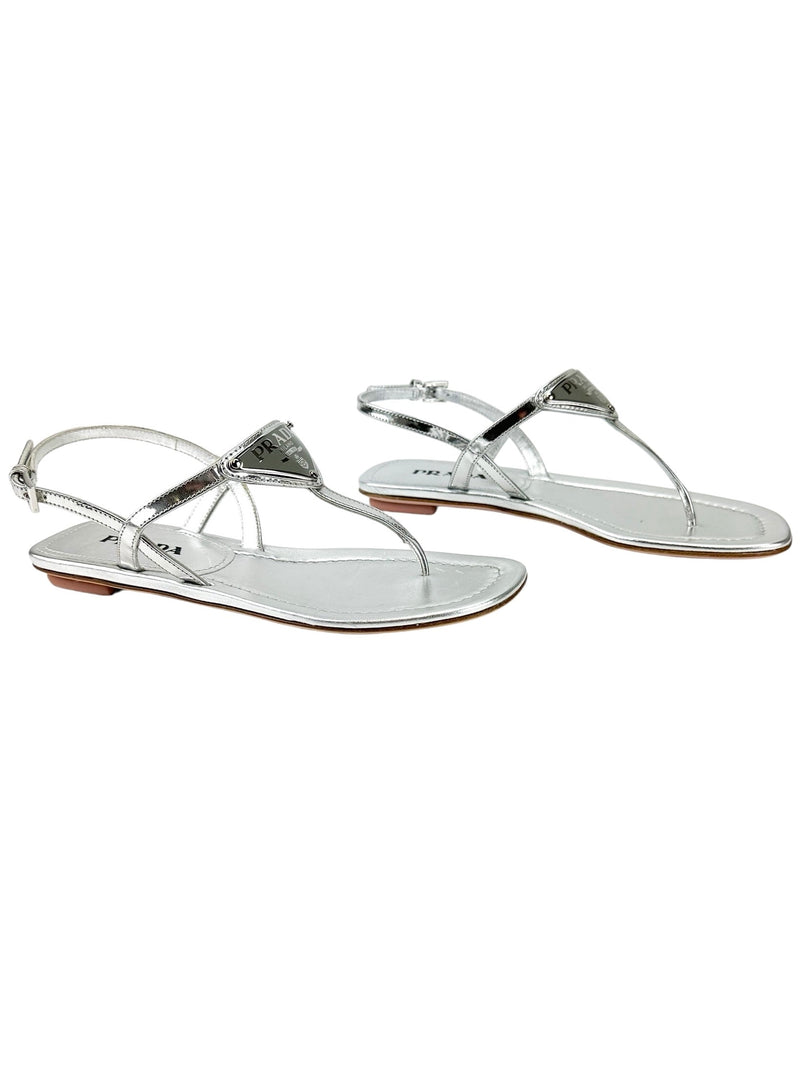 Prada Metallic Silver Thong Sandals Size 36