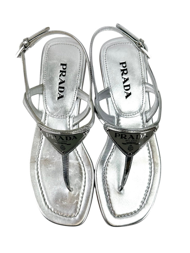 Prada Metallic Silver Thong Sandals Size 36