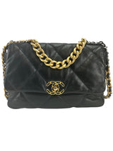 Chanel 19 Black Goatskin Quilted Medium Size
