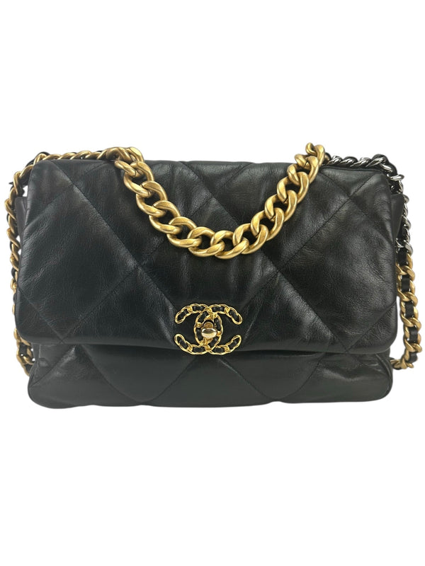 Chanel 19 Black Goatskin Quilted Medium Size