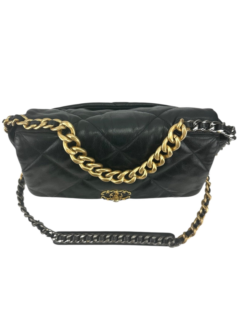 Chanel 19 Black Goatskin Quilted Medium Size