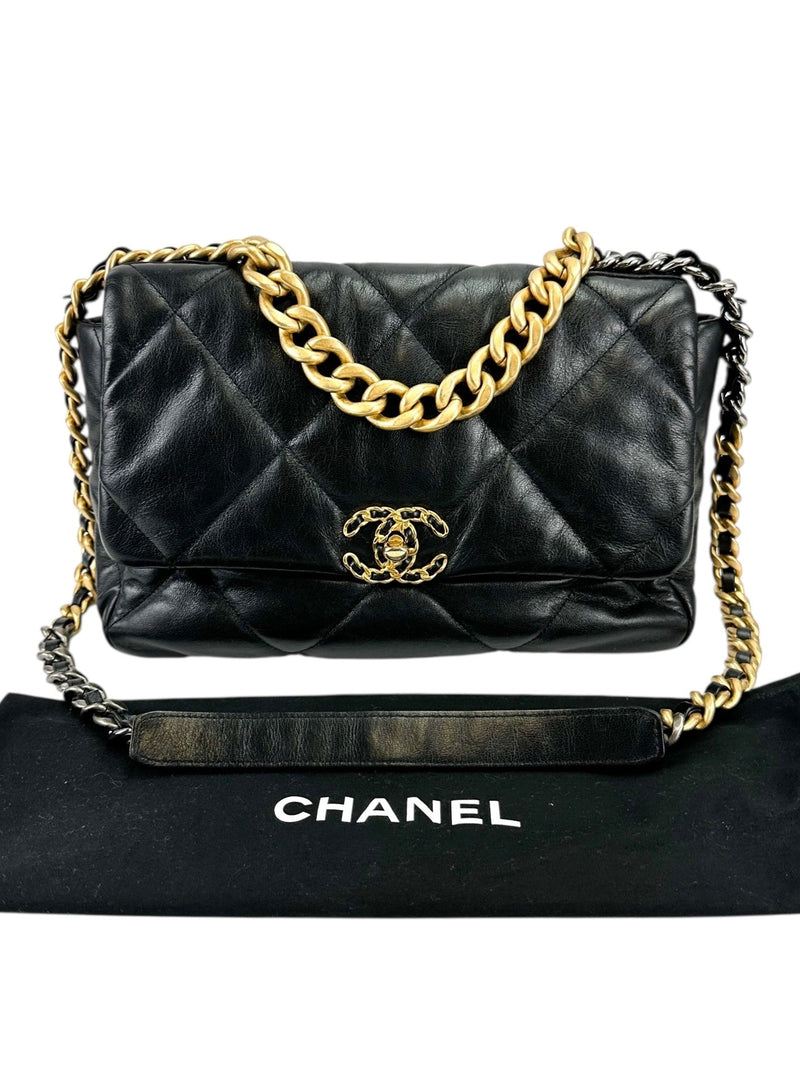 Chanel 19 Black Goatskin Quilted Medium Size