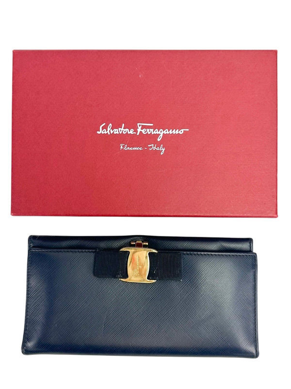 Salvatore Ferragamo Navy Blue Vara Bow Wallet