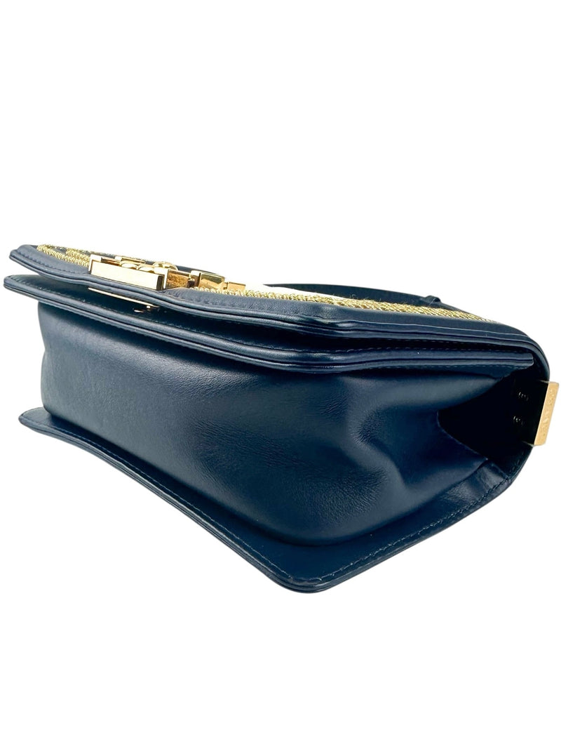 Chanel Blue and White Boy Flap Calfskin Small with Braided Detail Bag