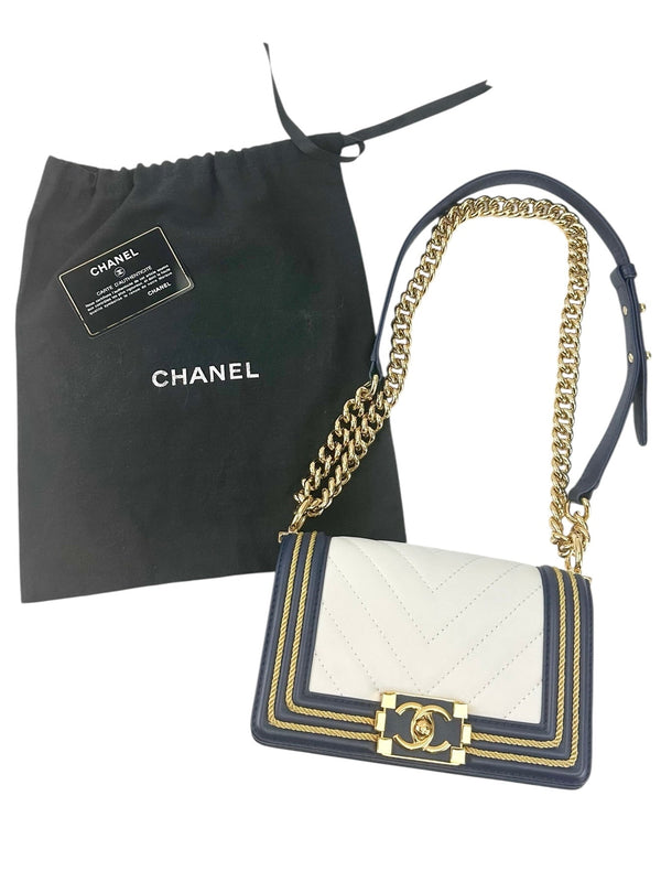 Chanel Blue and White Boy Flap Calfskin Small with Braided Detail Bag