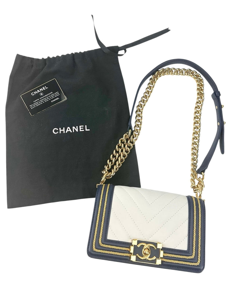 Chanel Blue and White Boy Flap Calfskin Small with Braided Detail Bag