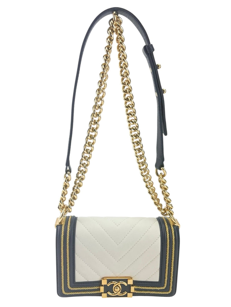 Chanel Blue and White Boy Flap Calfskin Small with Braided Detail Bag