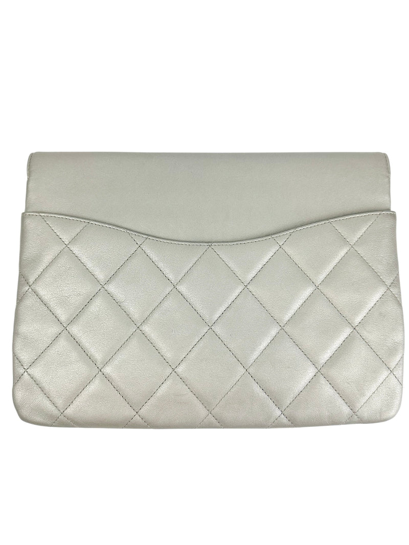 Chanel Silver Quilted Timeless CC Clutch