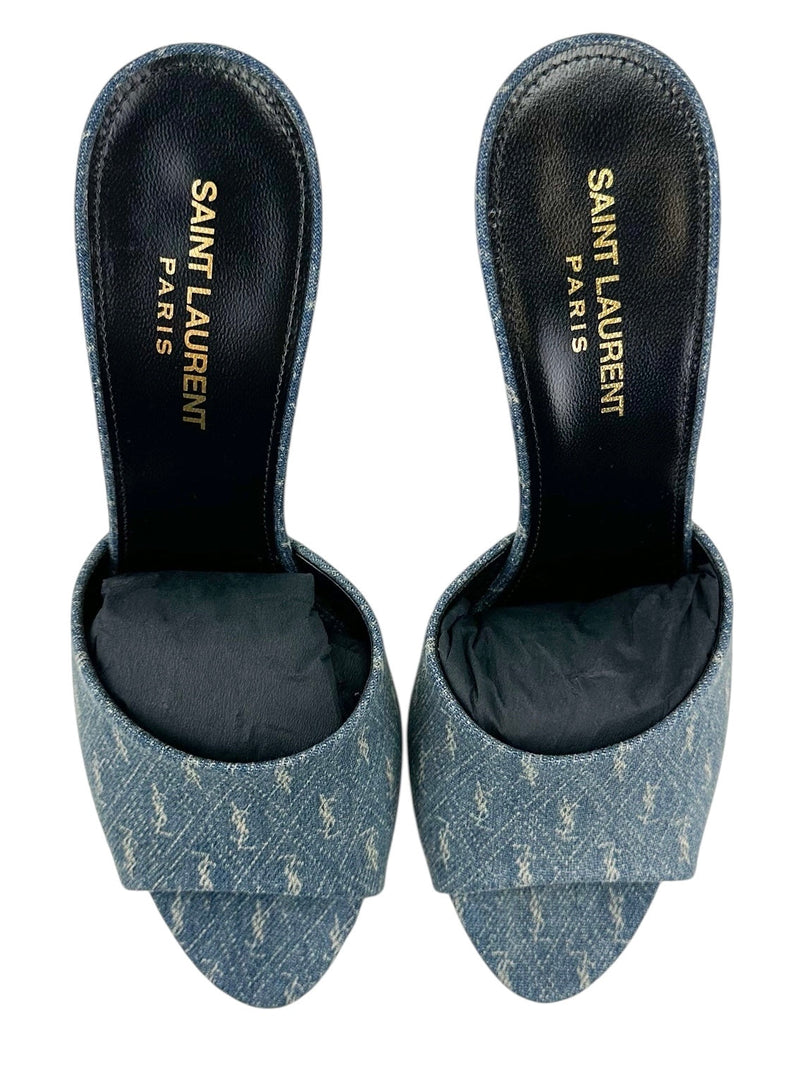 Saint Laurent Denim Monogram La 16 Mule Heel Sandals Size 39
