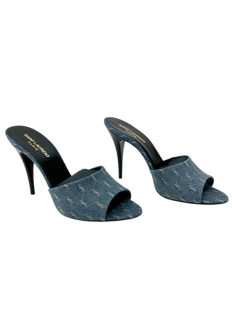 Saint Laurent Denim Monogram La 16 Mule Heel Sandals Size 39