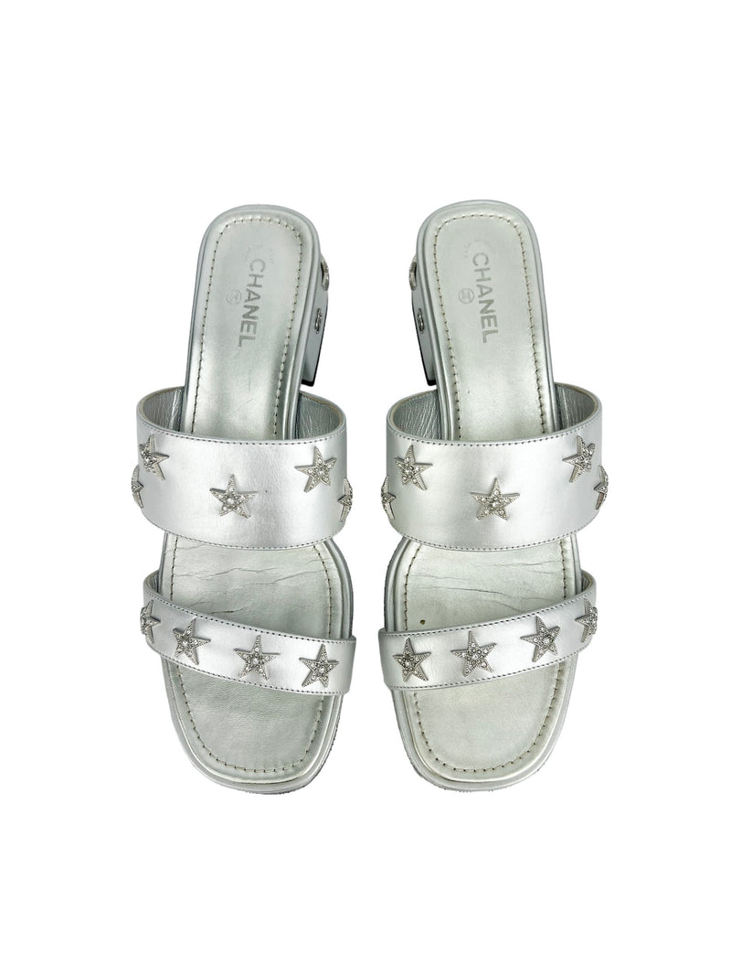 Chanel Silver Crystal Charm Sandals Size 39