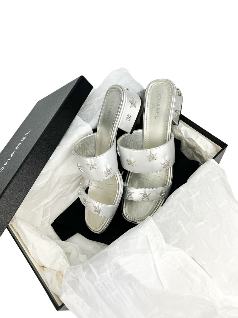 Chanel Silver Crystal Charm Sandals Size 39