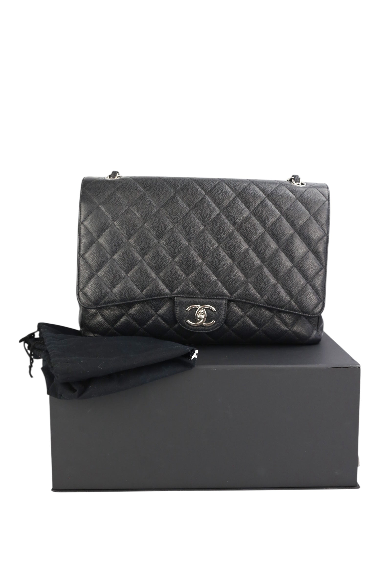 Chanel Black Caviar Double Flap Maxi In Box