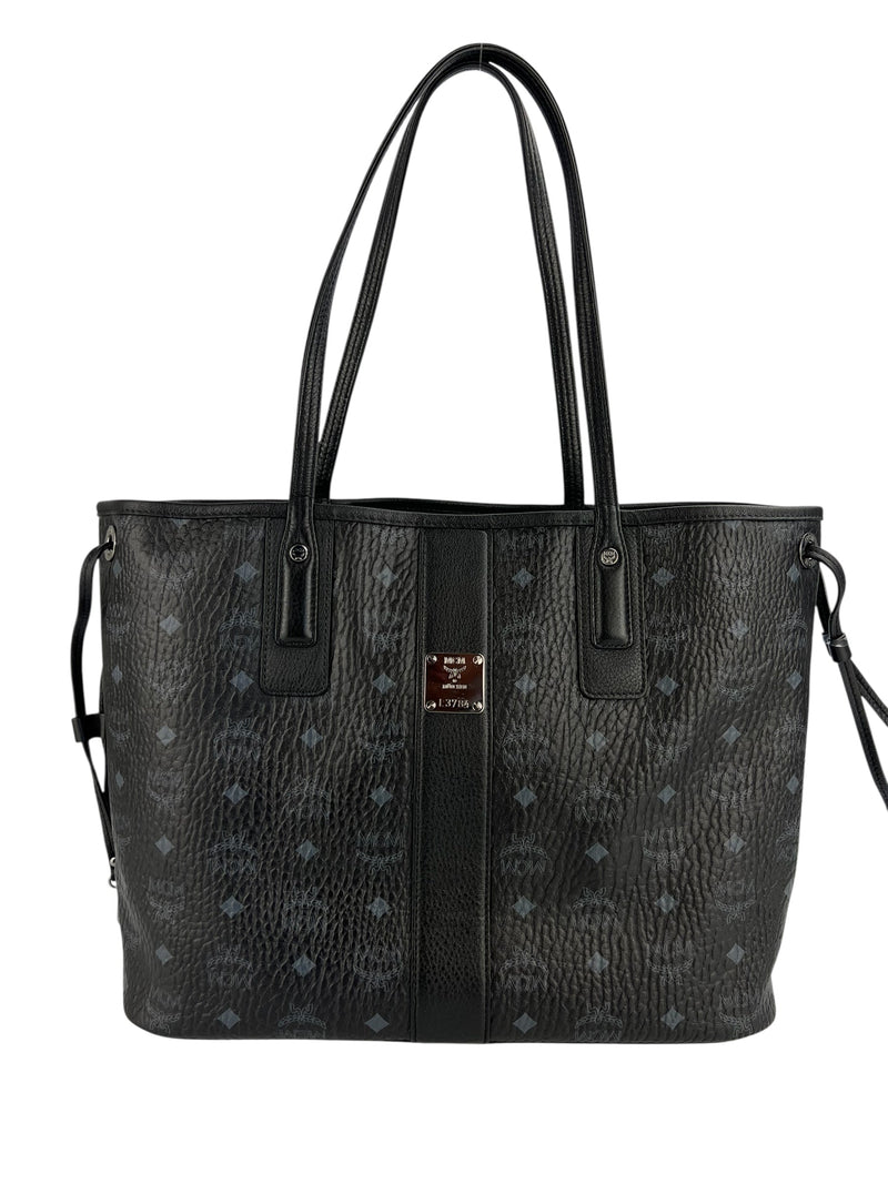MCM Black Leather Logo Tote