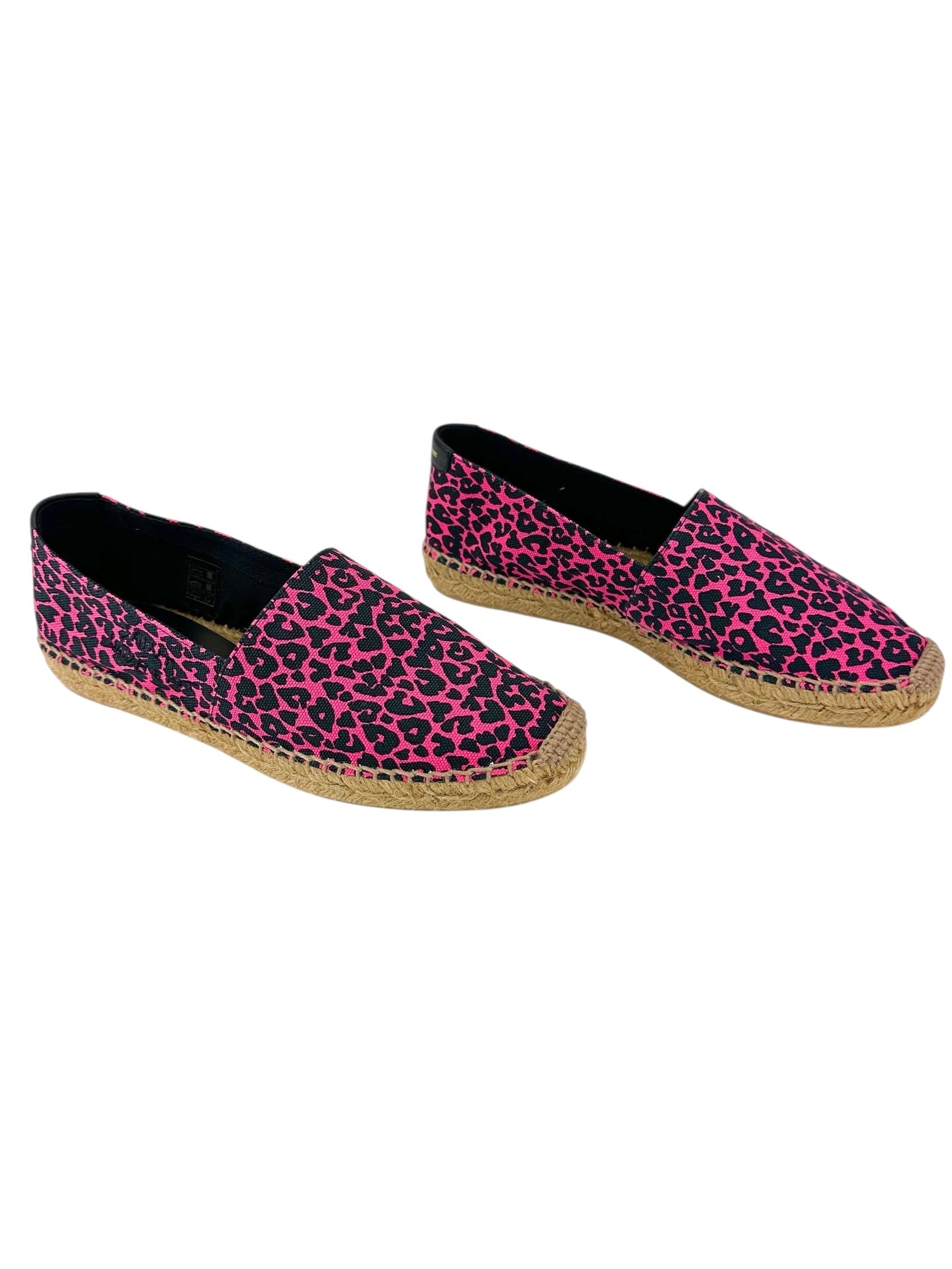Saint Laurent Pink and Black Canvas Leopard Espadrilles Size 38.5