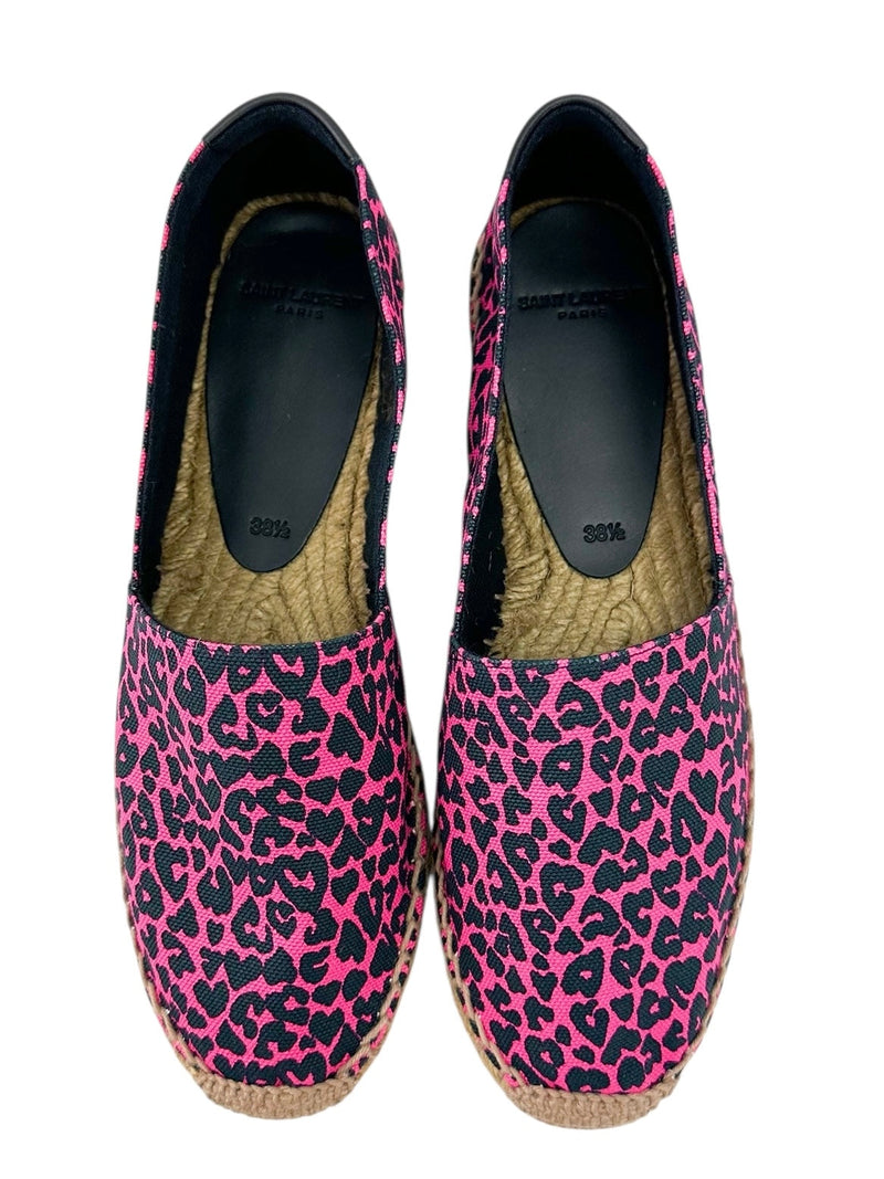 Saint Laurent Pink and Black Canvas Leopard Espadrilles Size 38.5