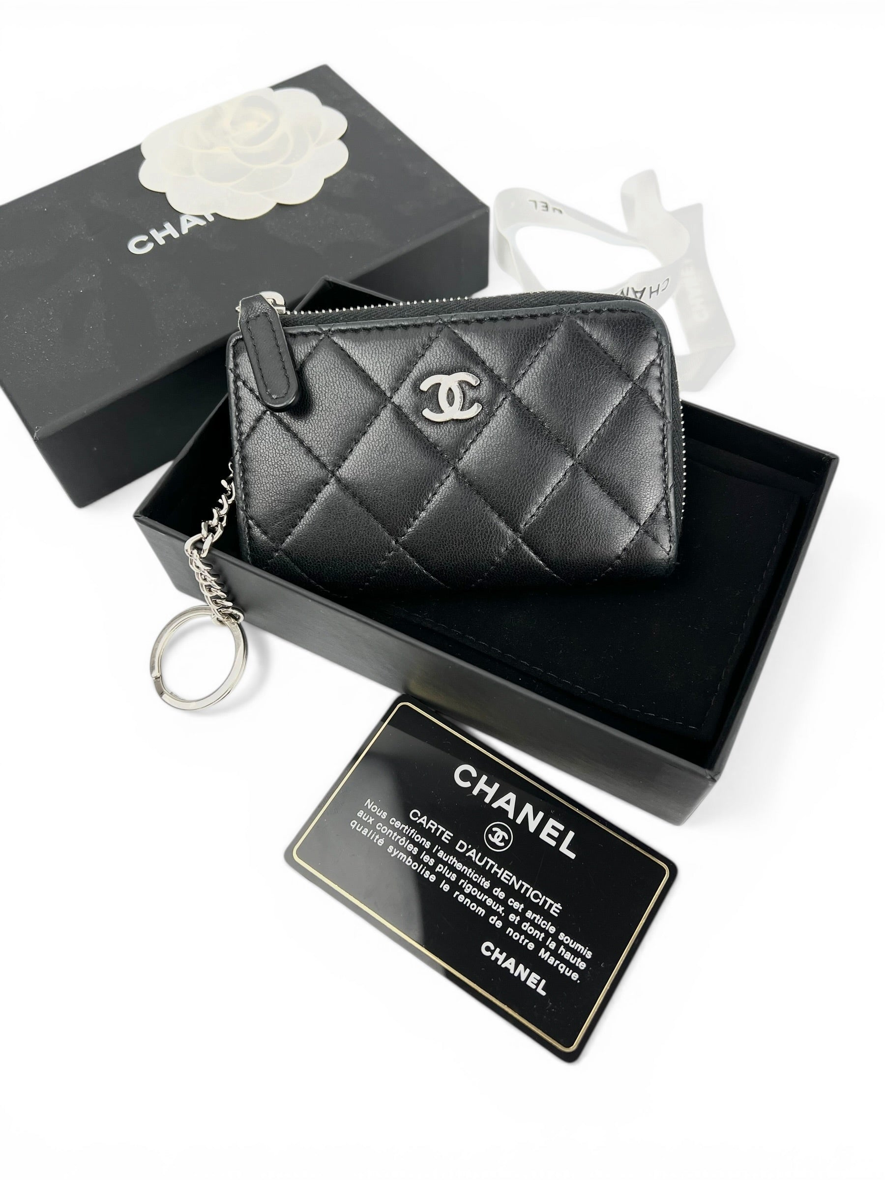 Chanel Black Lambskin Zip Key Ring Pouch