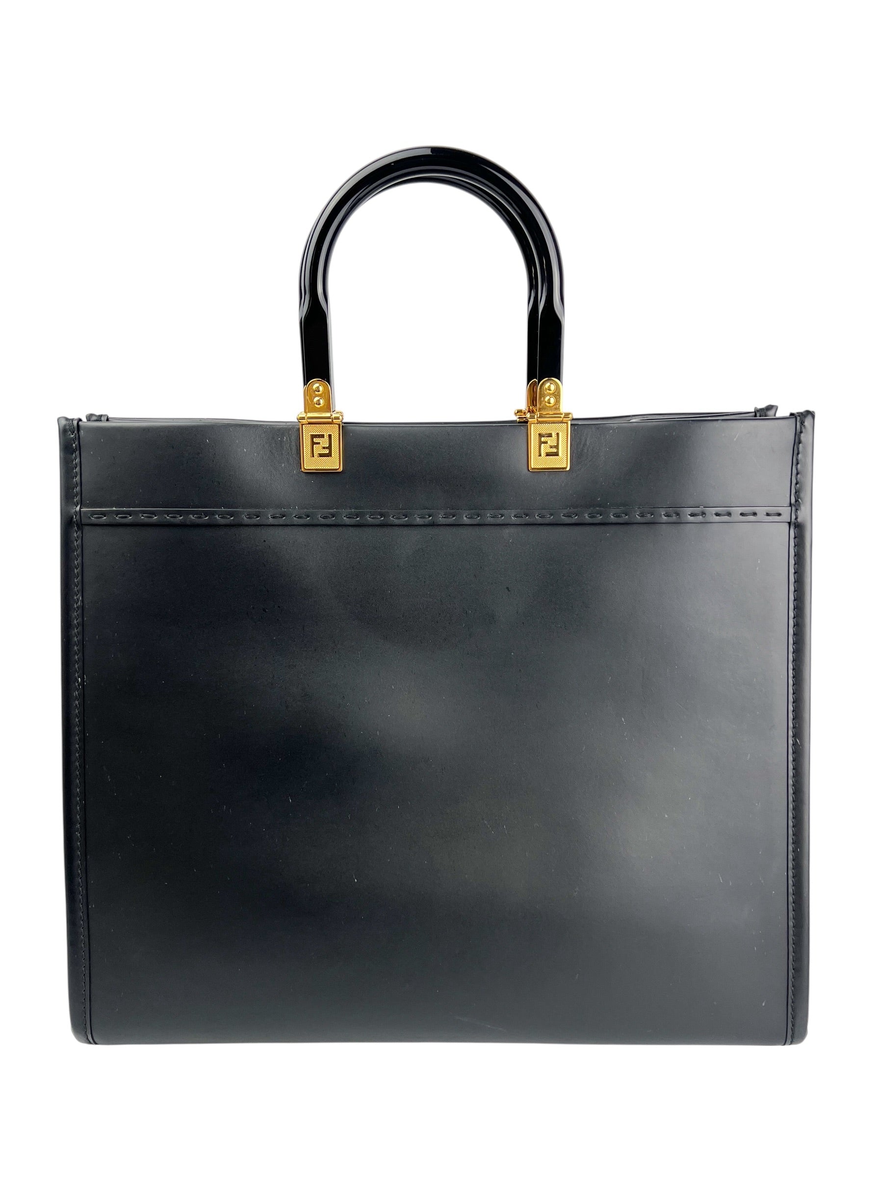 FENDI バック ブラック ゴールド金具 Fendace Black and Gold Leather Sunshine Tote
