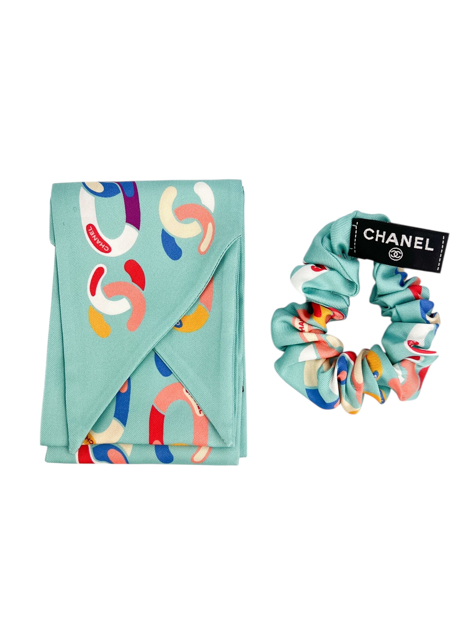 Chanel Large Silk Twilly & Scrunchy Set W/ Box