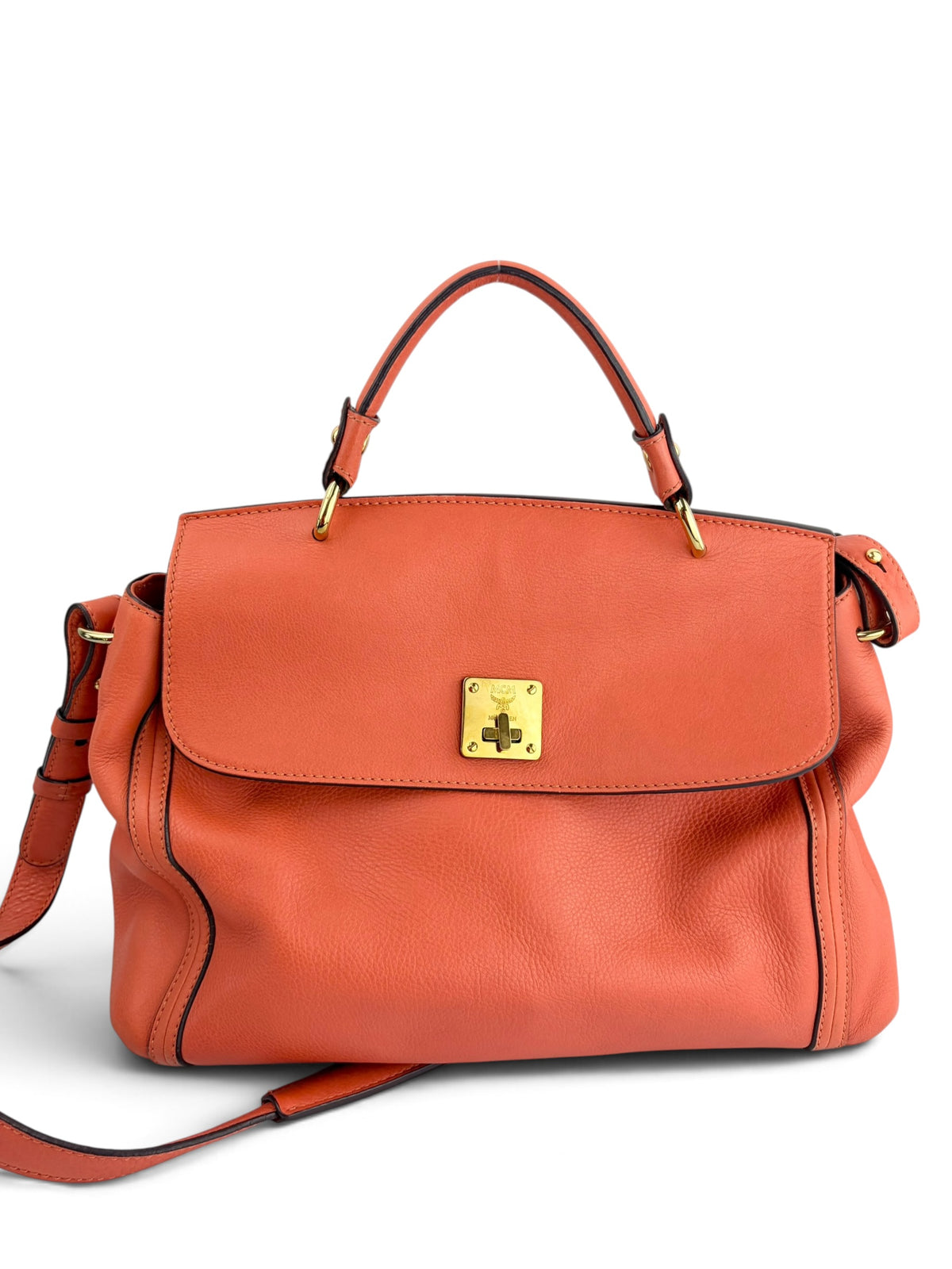 mcm-orange-coral-pebbled-leather-top-handle-satchel-0