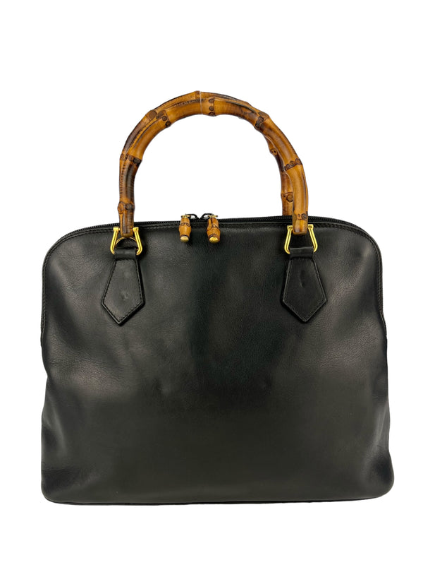 Gucci Vintage Black Leather Bamboo Top Handle