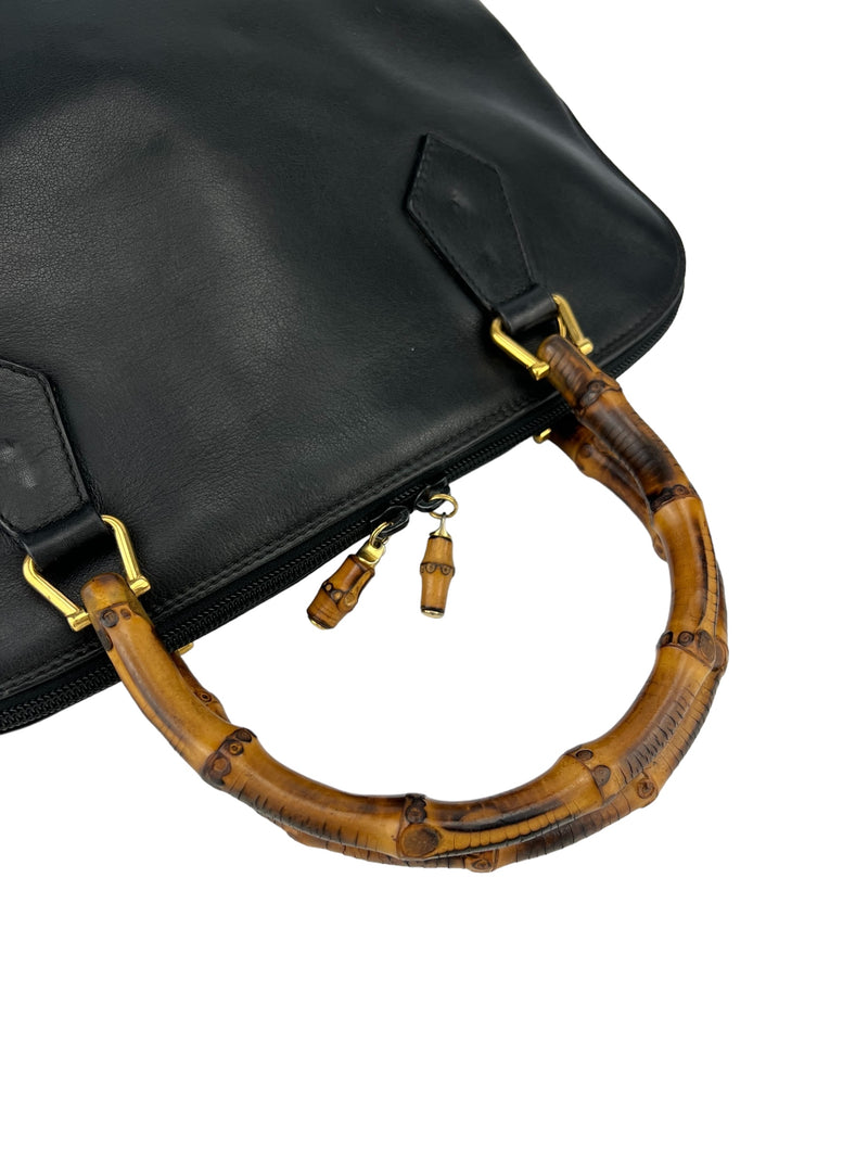 Gucci Vintage Black Leather Bamboo Top Handle