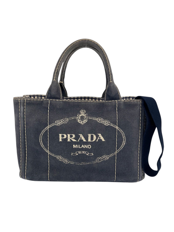 Prada Distressed Denim Canapa Convertible Canvas Tote
