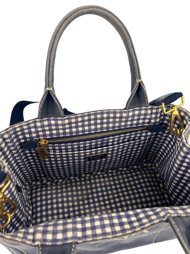 Prada Distressed Denim Canapa Convertible Canvas Tote