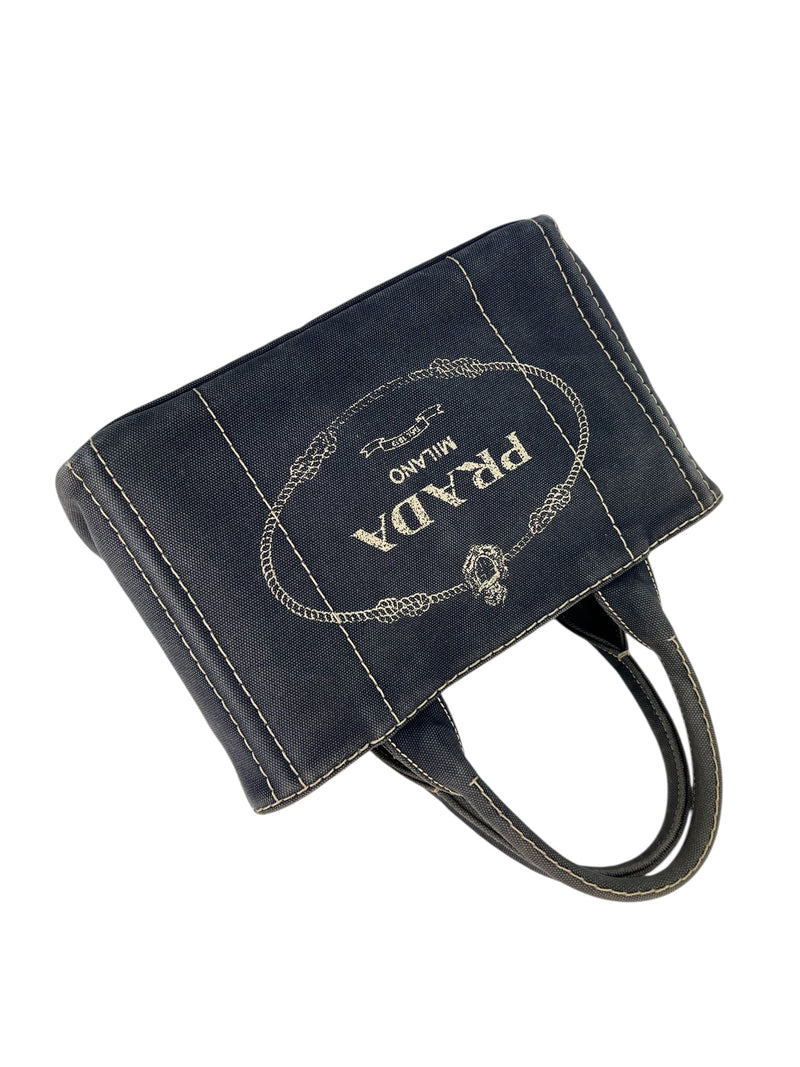 Prada Distressed Denim Canapa Convertible Canvas Tote