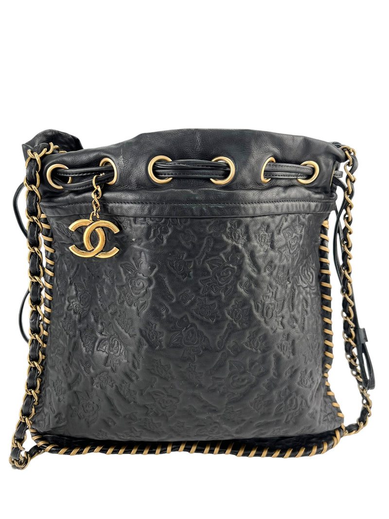 Chanel Black Lambskin Embossed Drawstring Crossbody