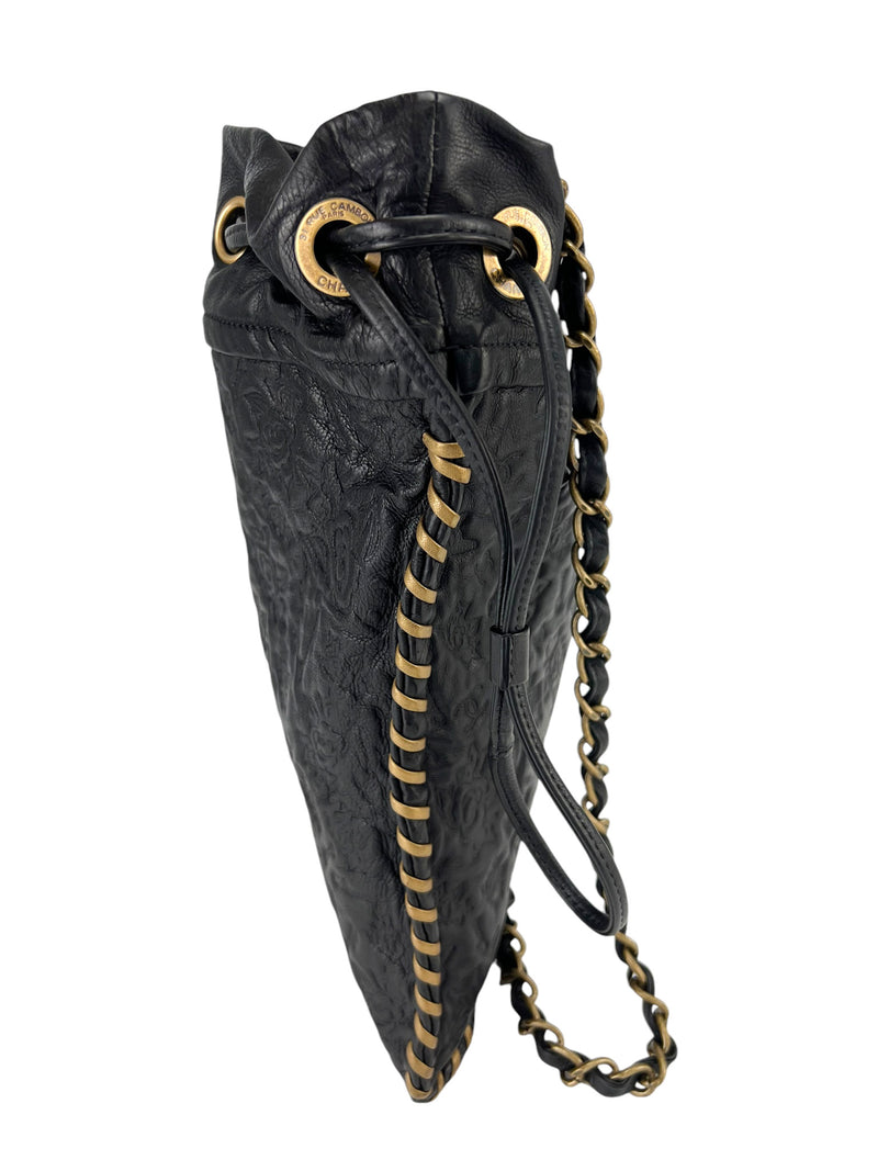 Chanel Black Lambskin Embossed Drawstring Crossbody