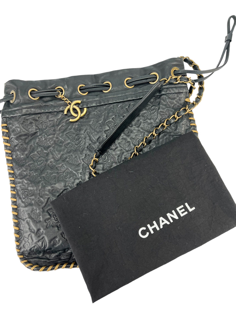 Chanel Black Lambskin Embossed Drawstring Crossbody