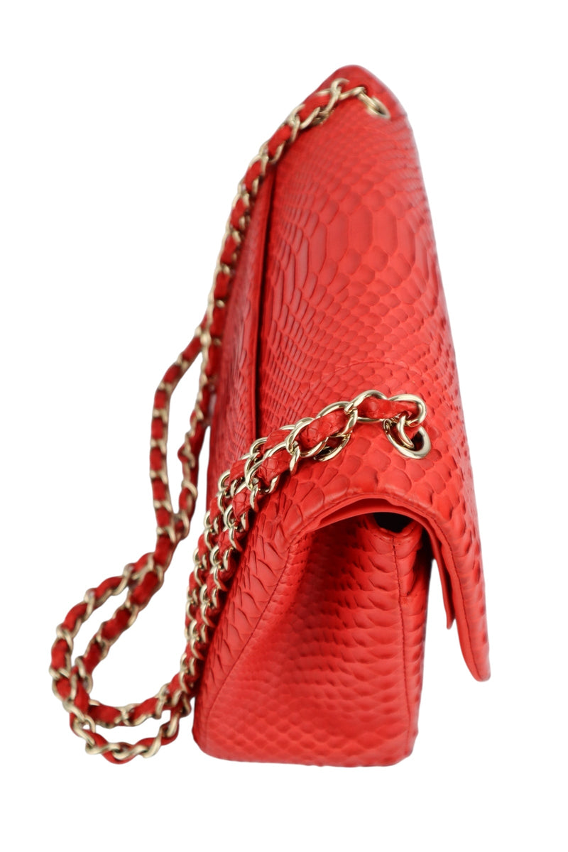 Chanel Red Python Classic Double Flap Bag Jumbo