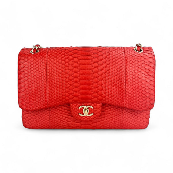 Chanel Red Python Classic Double Flap Bag Jumbo