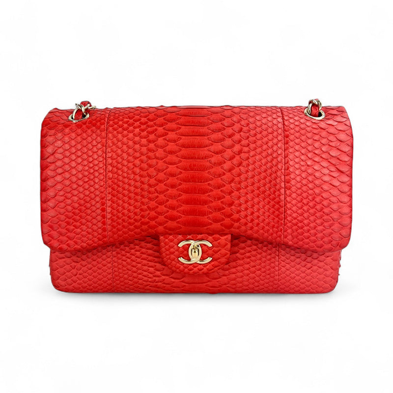 Chanel Red Python Classic Double Flap Bag Jumbo
