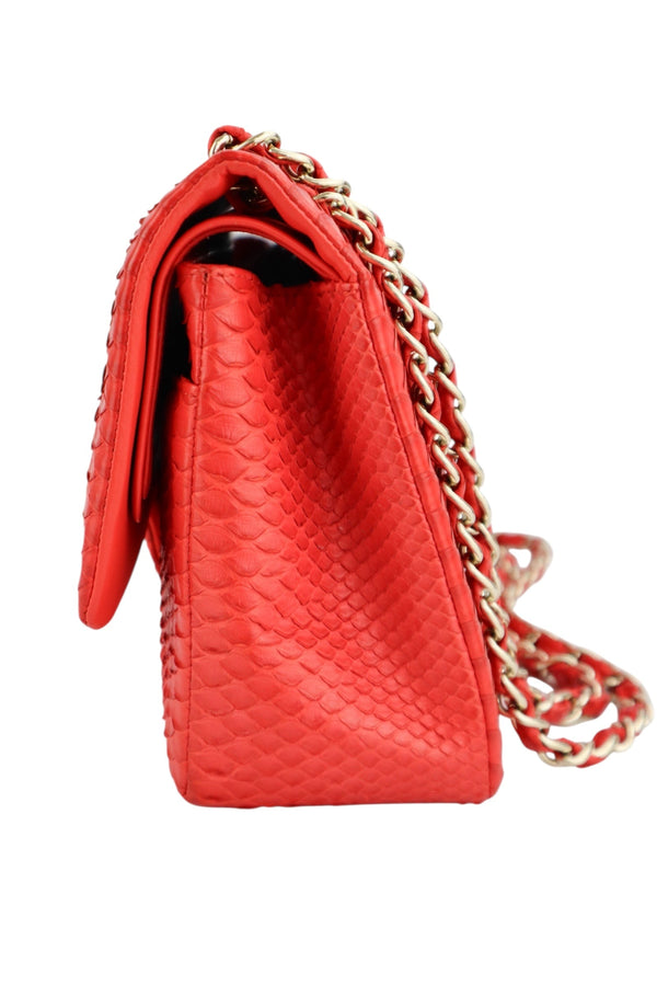 Chanel Red Python Classic Double Flap Bag Jumbo