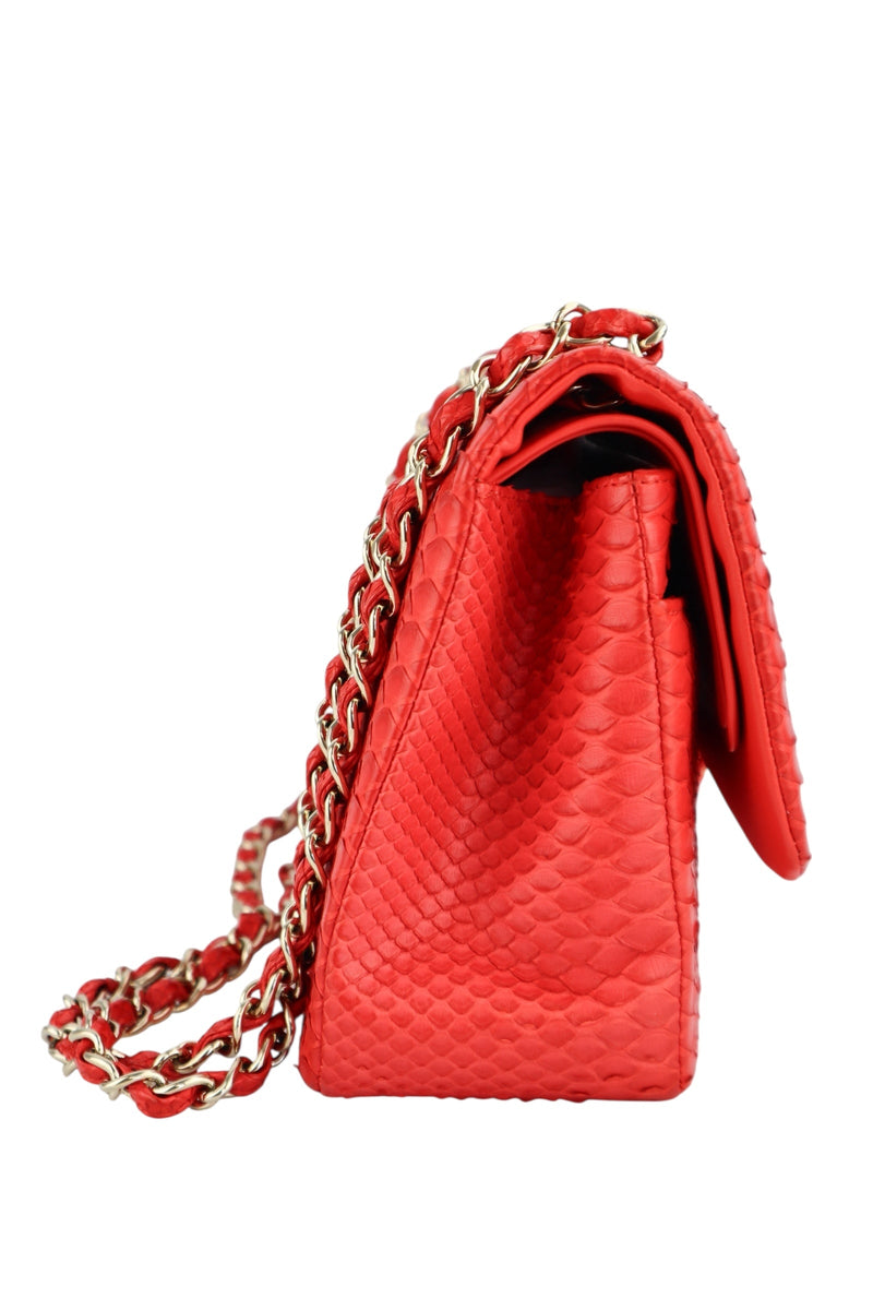 Chanel Red Python Classic Double Flap Bag Jumbo