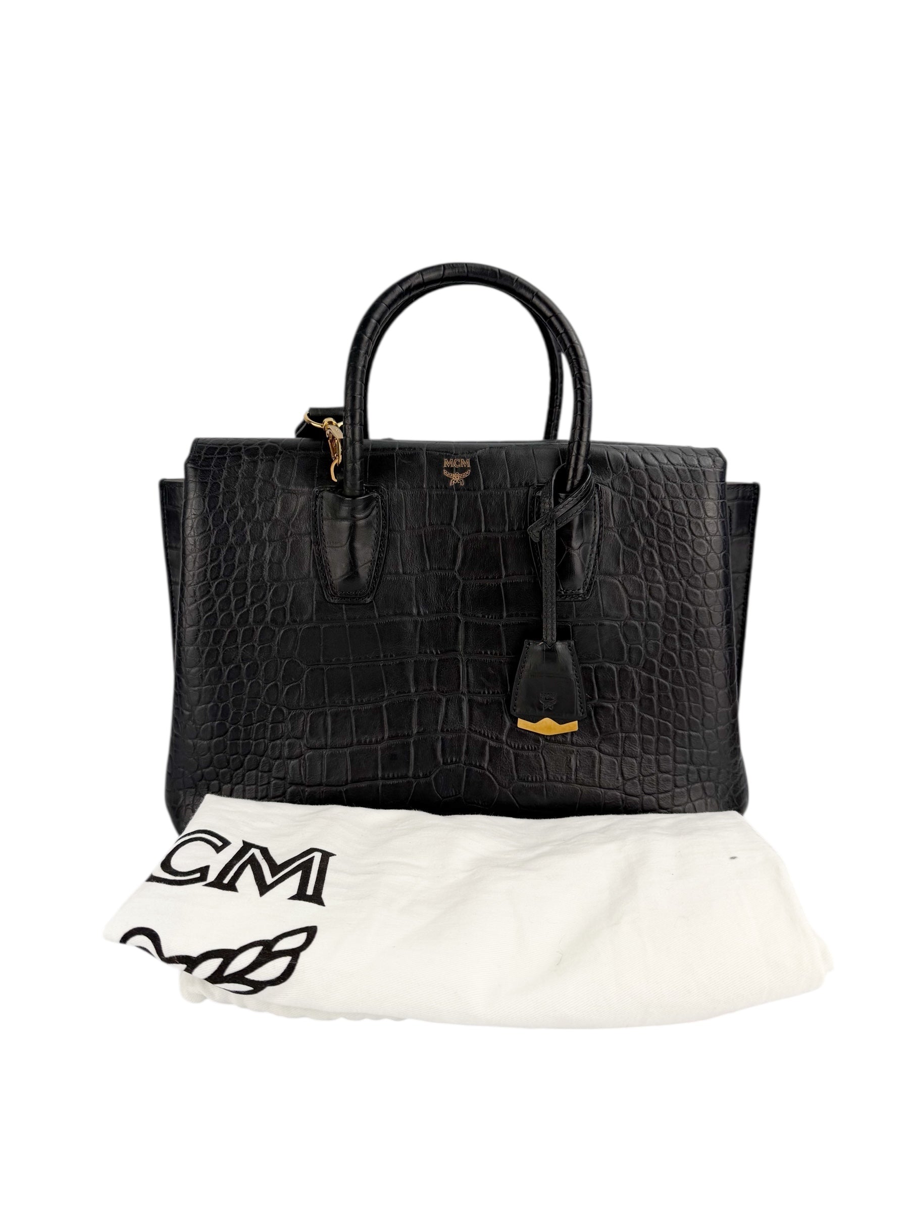 MCM Black Croc Embossed Milla Tote