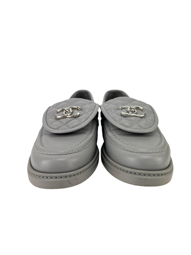 Chanel Grey Lambskin Leather Loafers Size 38.5