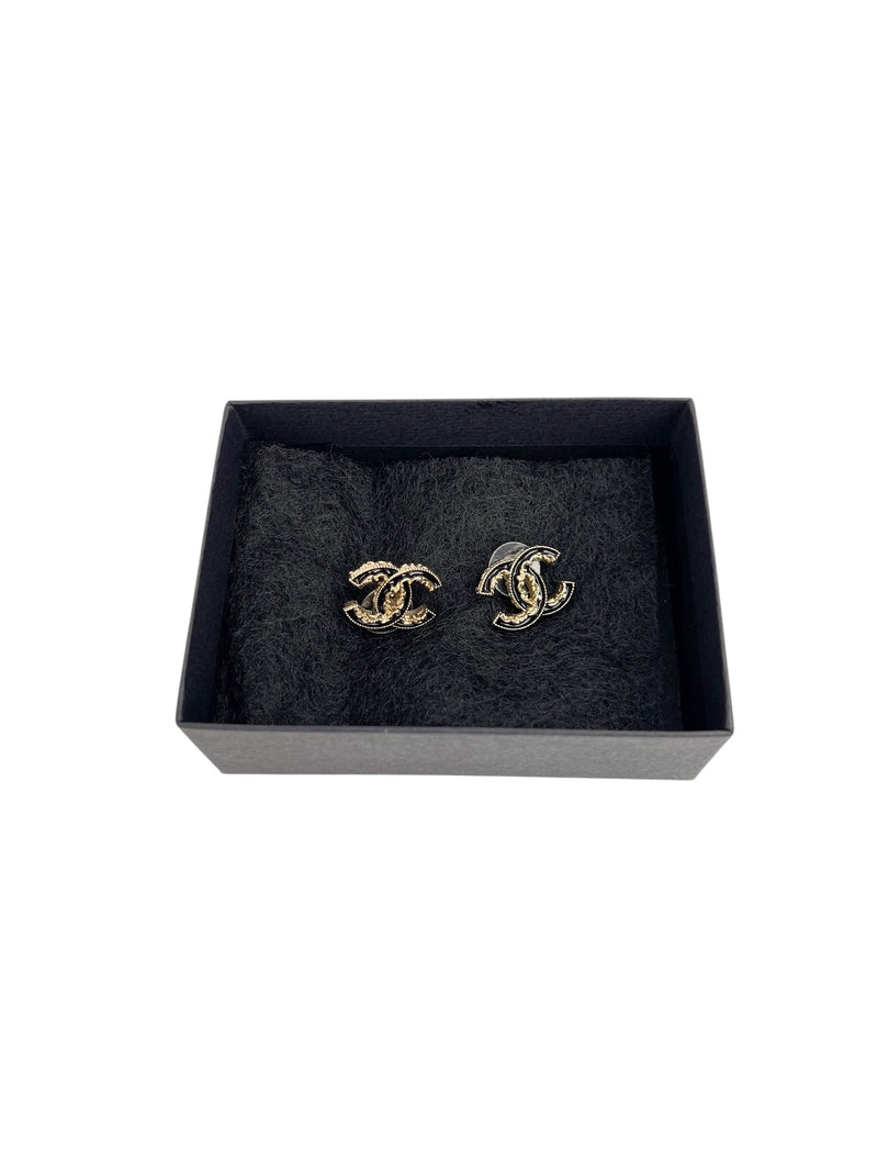 Chanel CC Black & Champagne Gold Stud Earrings