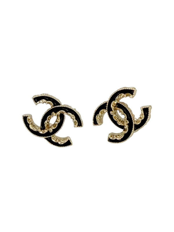 Chanel CC Black & Champagne Gold Stud Earrings